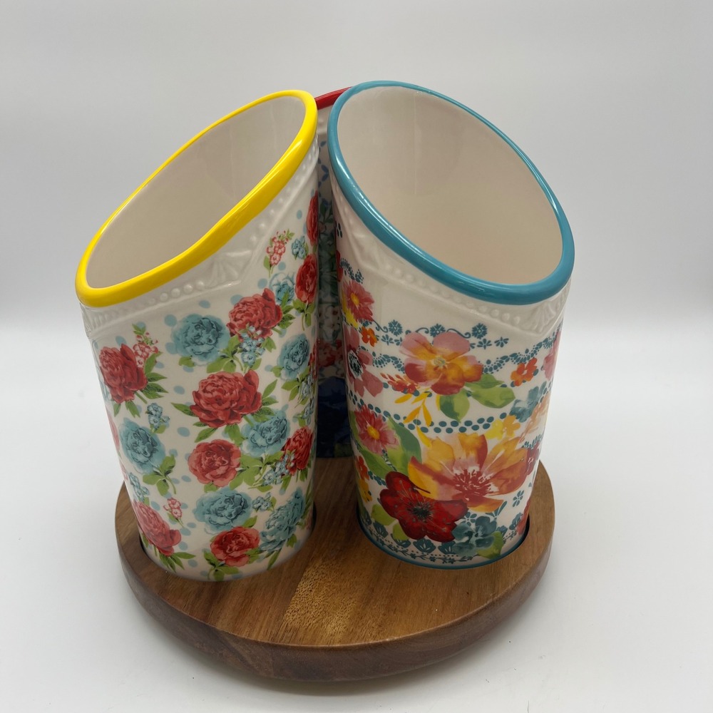 Pioneer Woman Floral Medley 3 Compartment Stoneware Utensil Holder Lazy Susan - Picture 10 of 15